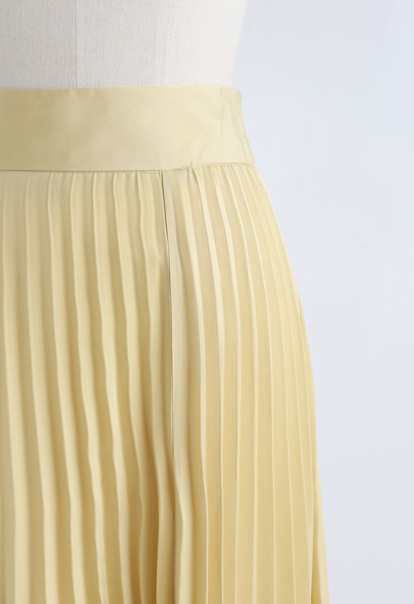 Satin Full Pleated Midi Skirt in Yellow
