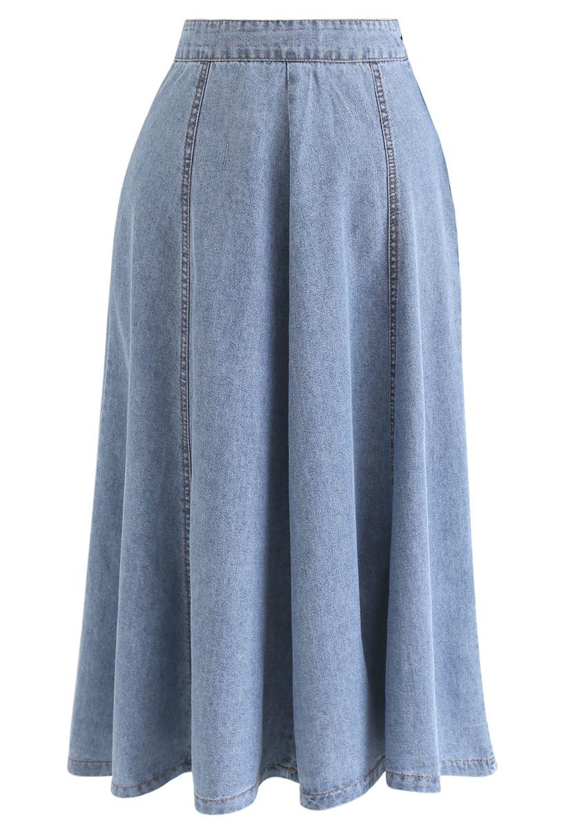 Seam Detail Denim A-Line Midi Skirt in Light Blue