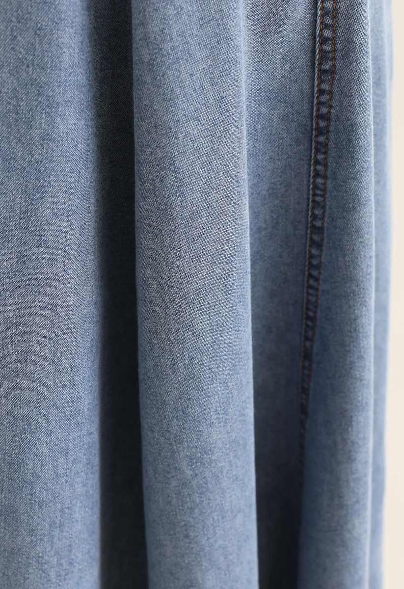 Seam Detail Denim A-Line Midi Skirt in Light Blue