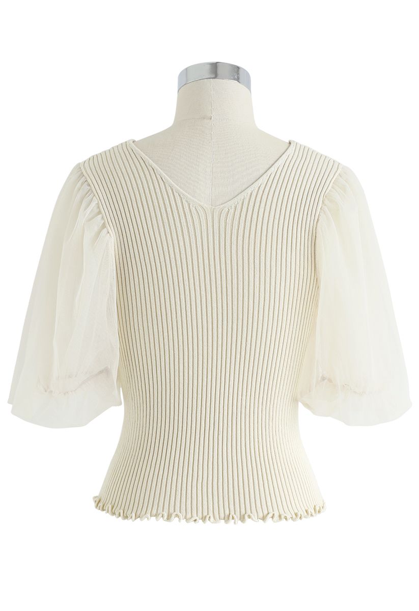 Mesh Sleeves V-Neck Fitted Knit Top in Cream