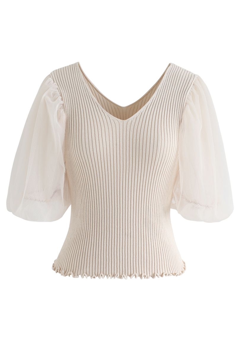 Mesh Sleeves V-Neck Fitted Knit Top in Sand