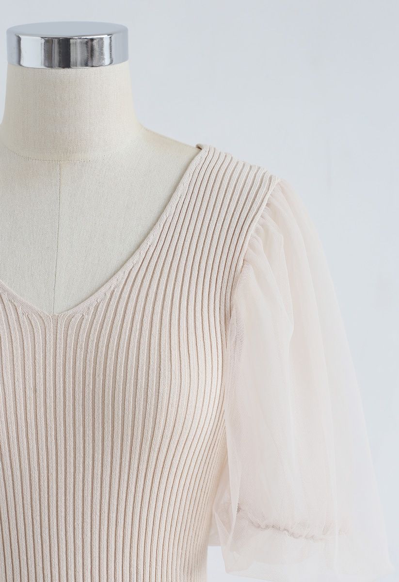 Mesh Sleeves V-Neck Fitted Knit Top in Sand