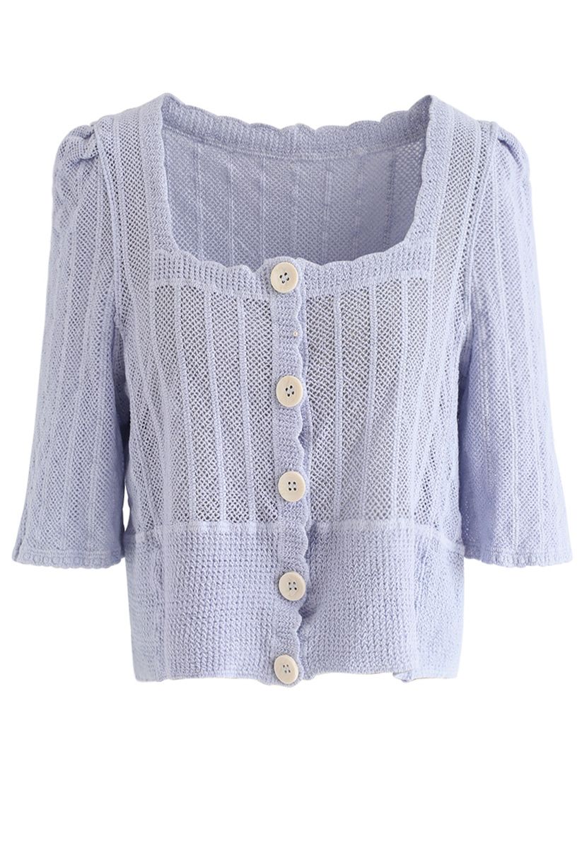 Open Knit Square Neck Button Down Crop Top in Lilac