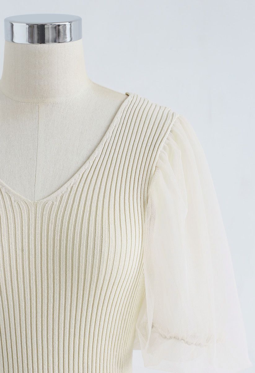 Mesh Sleeves V-Neck Fitted Knit Top in Cream