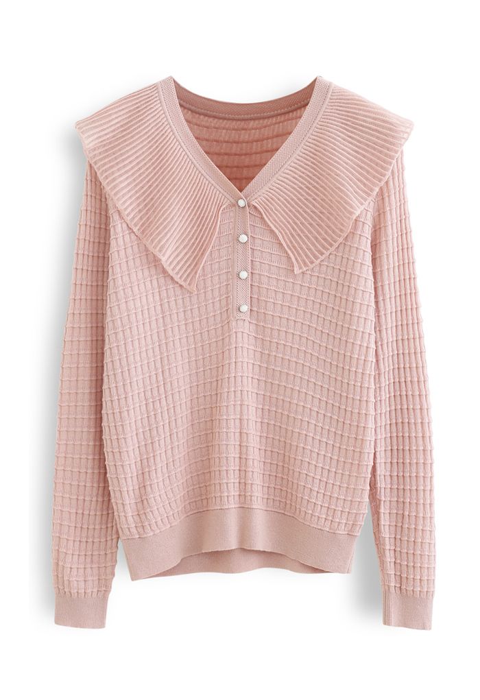 Mesh Collar Button Embossed Knit Top in Pink