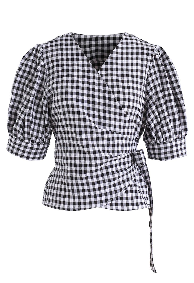 Bowknot Waist Wrapped Top in Gingham Print