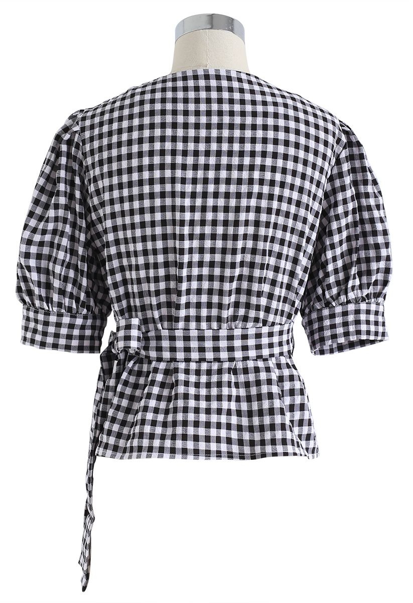 Bowknot Waist Wrapped Top in Gingham Print