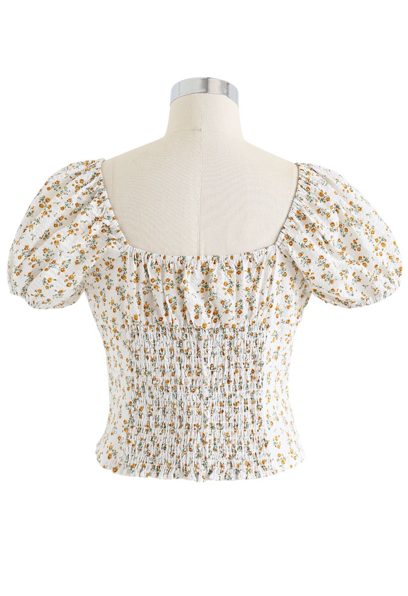 Ditsy Floral Embossed Shirred Crop Top in Ivory