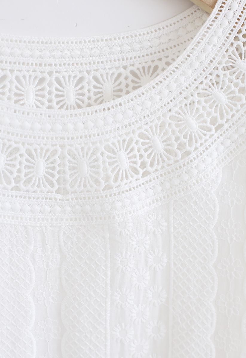 Sporadic Floral Crochet Sheer Top in White