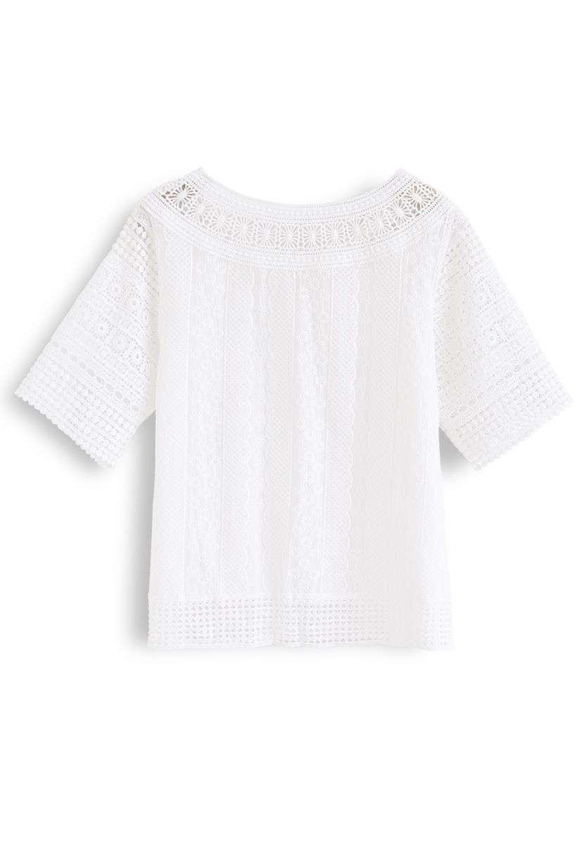 Sporadic Floral Crochet Sheer Top in White