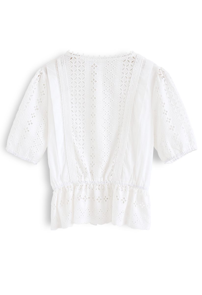 Eyelet Embroidery Crochet Peplum Top in White