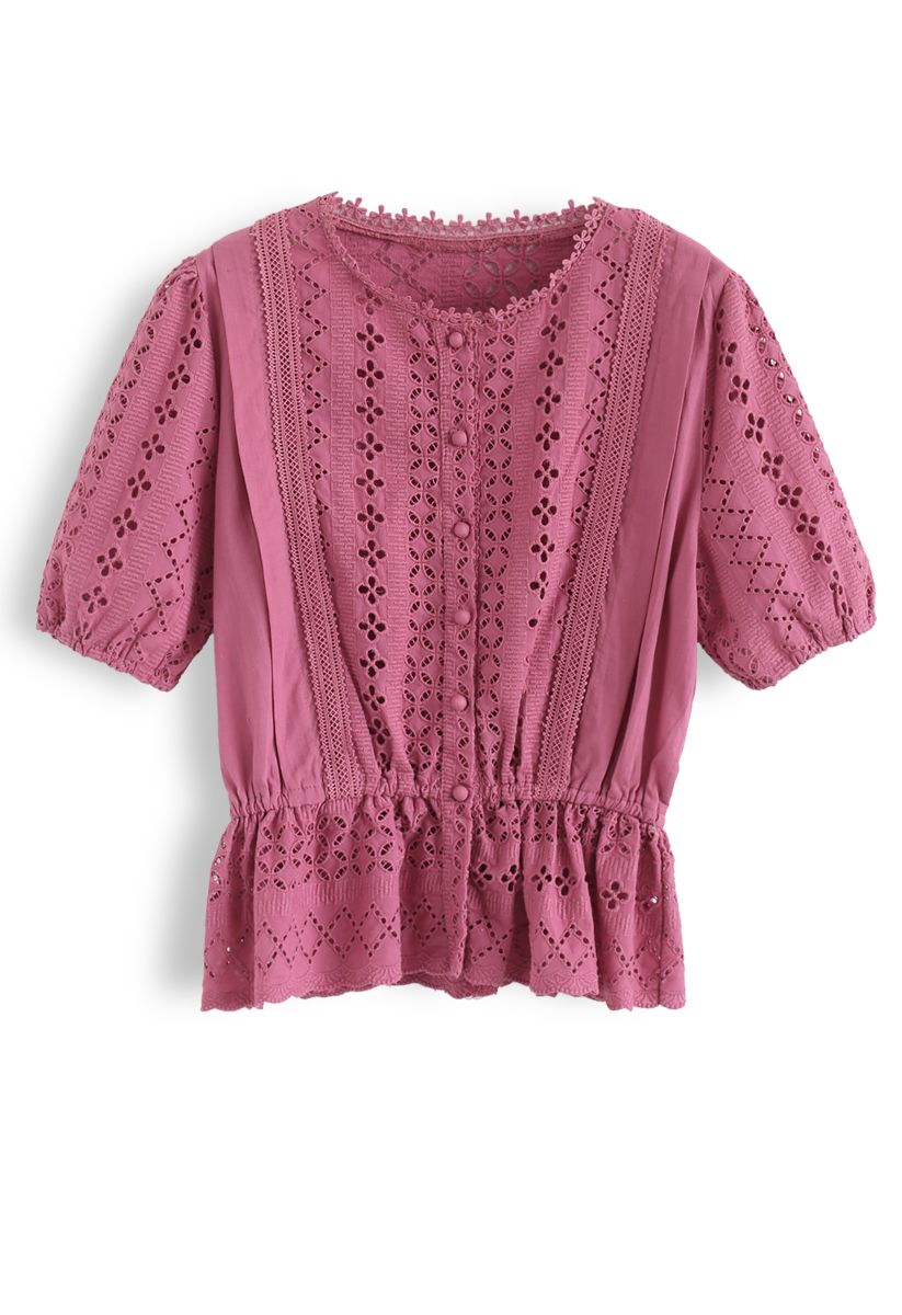 Eyelet Embroidery Crochet Peplum Top in Berry