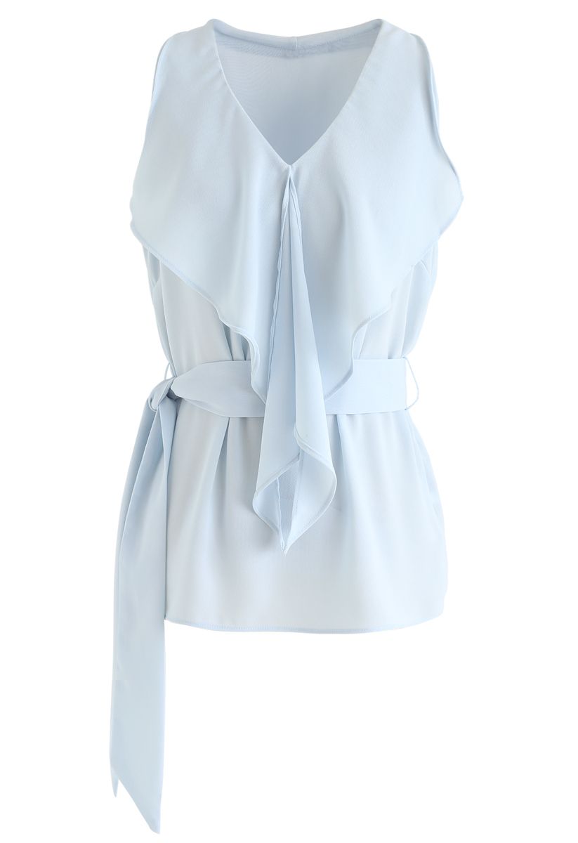 Ruffle Belted Sleeveless Top in Baby Blue