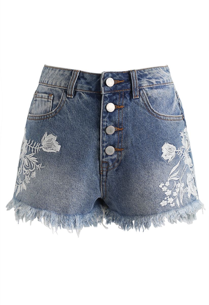 Embroidered Floral Buttoned Frayed Hem Denim Shorts