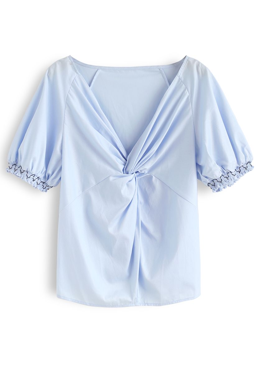 Twisted V-Neck Top in Sky Blue