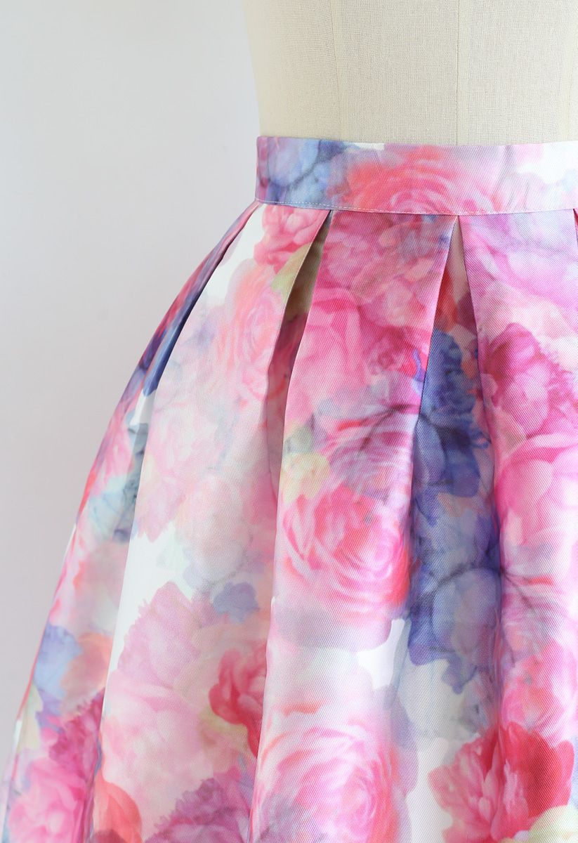Bright Rose Print Pleated Midi Skirt