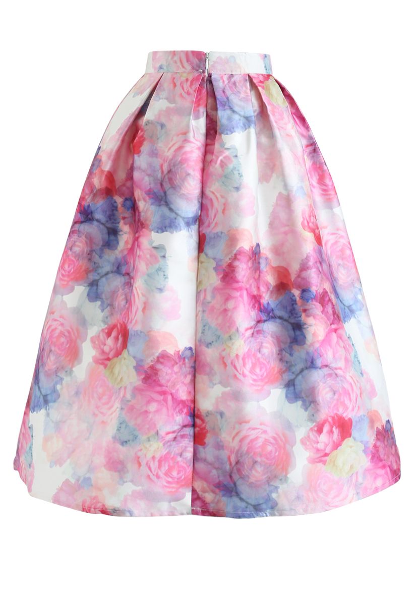 Bright Rose Print Pleated Midi Skirt