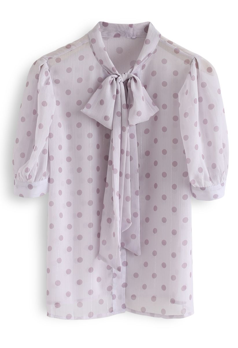 Tie-Neck Dotted Sheer Top in Lilac