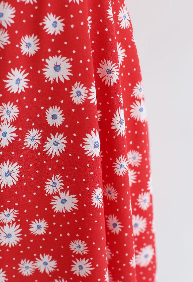 Full-Blown Daisy Print Wrapped Midi Dress in Red