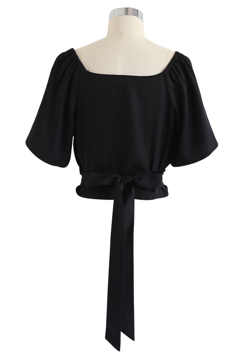 Horn Button Sweetheart Neck Bowknot Crop Top in Black