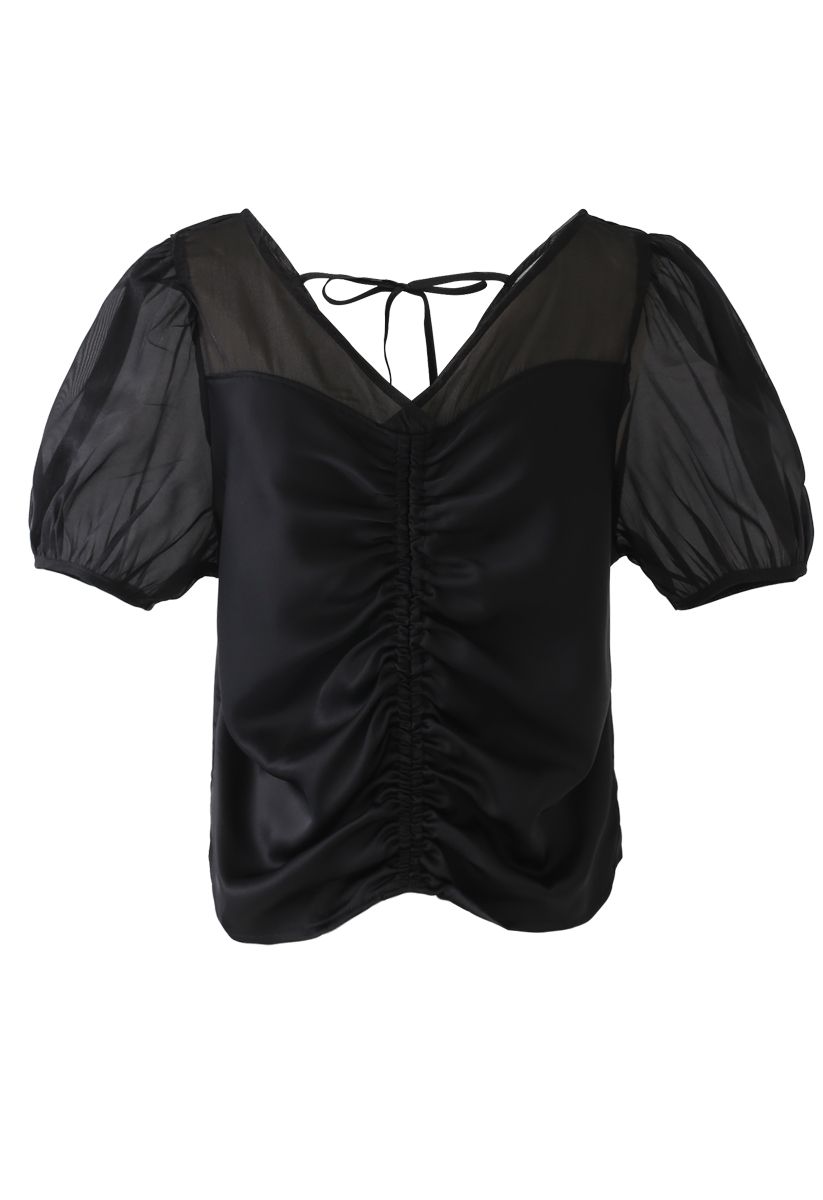 Organza Spliced Ruched Top in Black