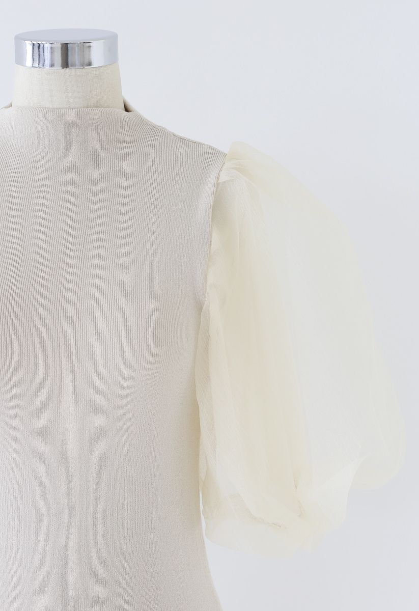 Fitted Organza Bubble Sleeves Knit Top in Cream