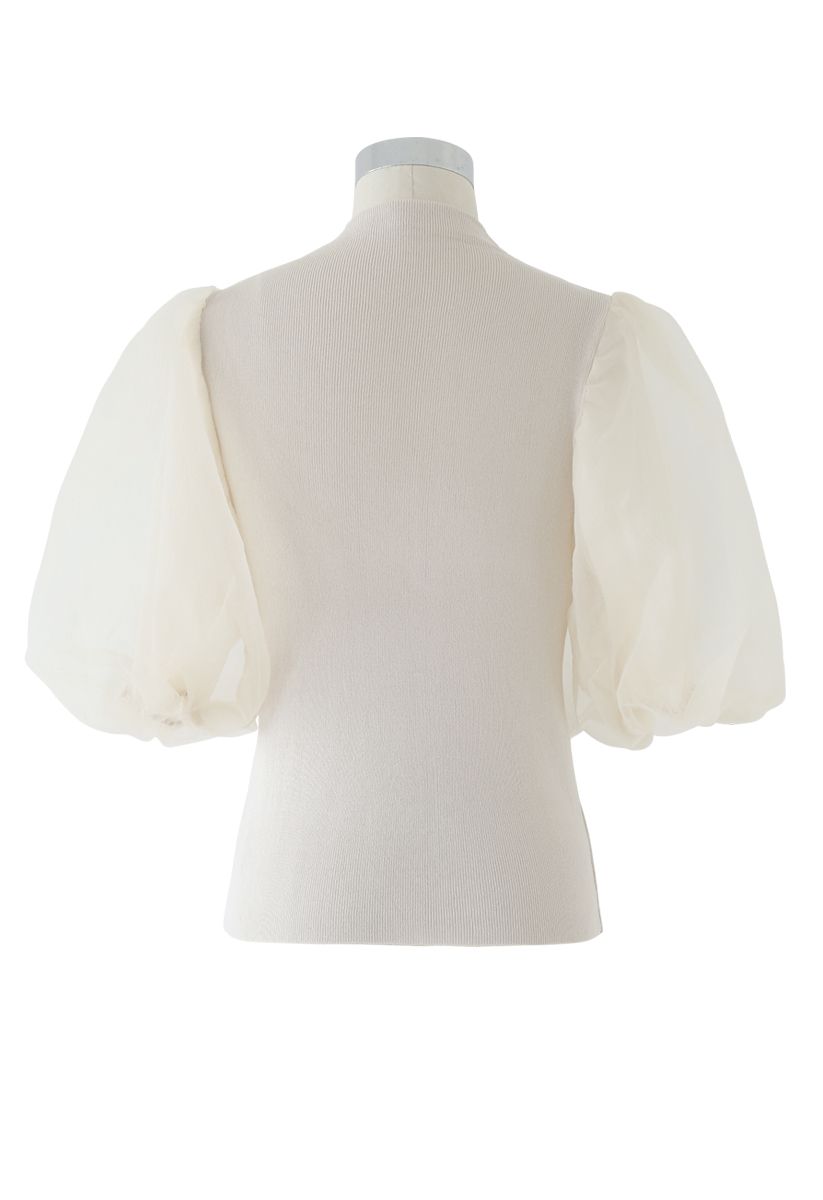 Fitted Organza Bubble Sleeves Knit Top in Cream