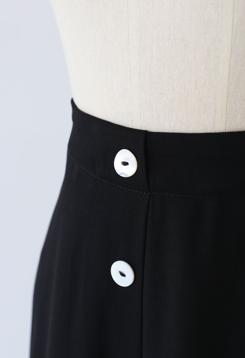Split Shell Button Trim Midi Skirt in Black