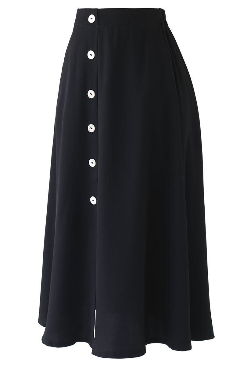 Split Shell Button Trim Midi Skirt in Black