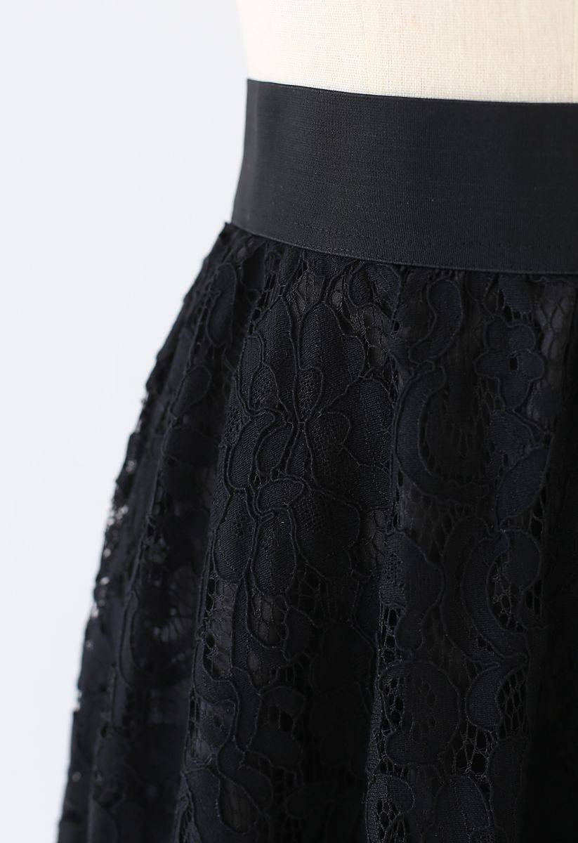 Full Floral Lace Midi Skirt in Black