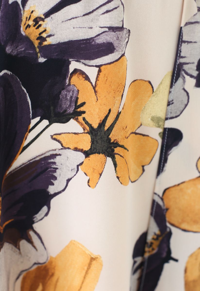 Yellow Floral Print Watercolor Wrap Midi Dress