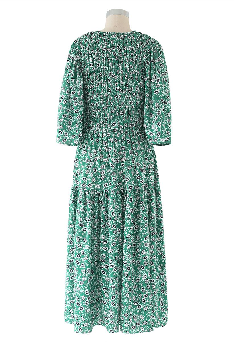 Richly Floret Dots Shirred Maxi Dress in Green