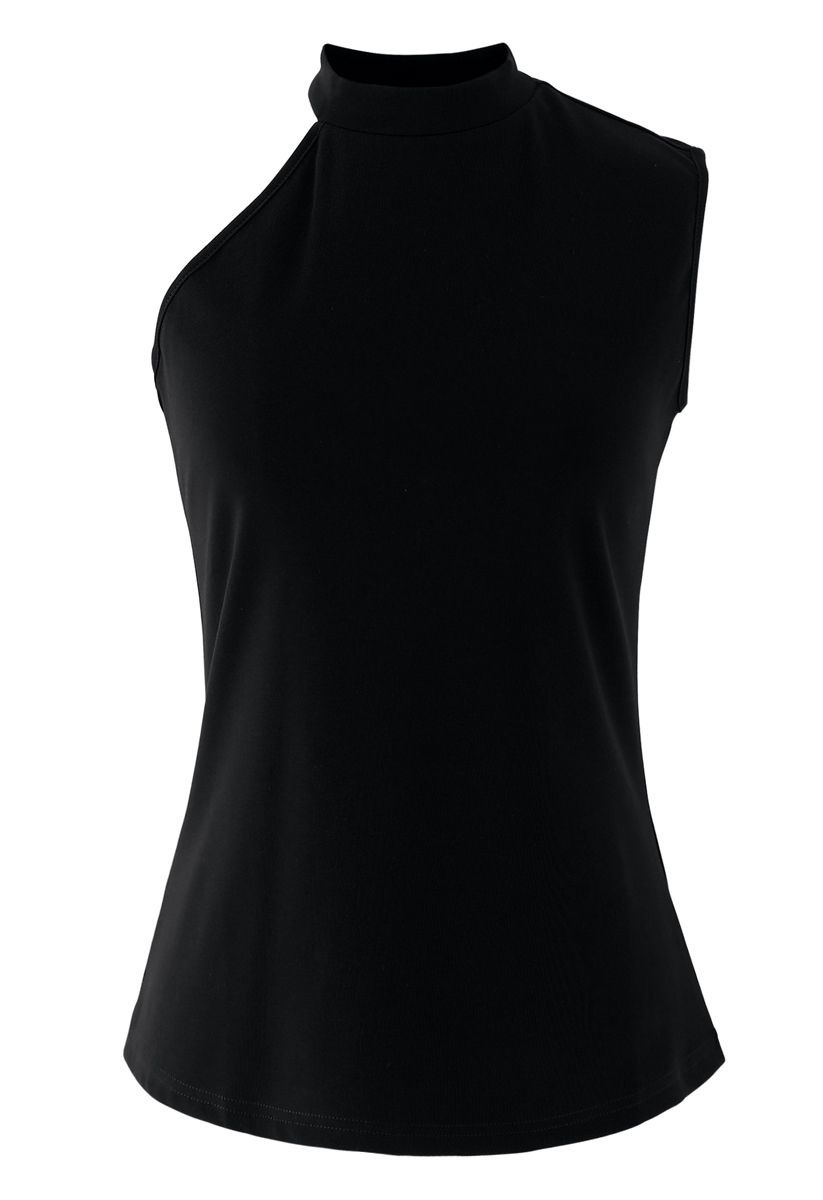 One Shoulder Fitted Cotton Halter Tank Top in Black