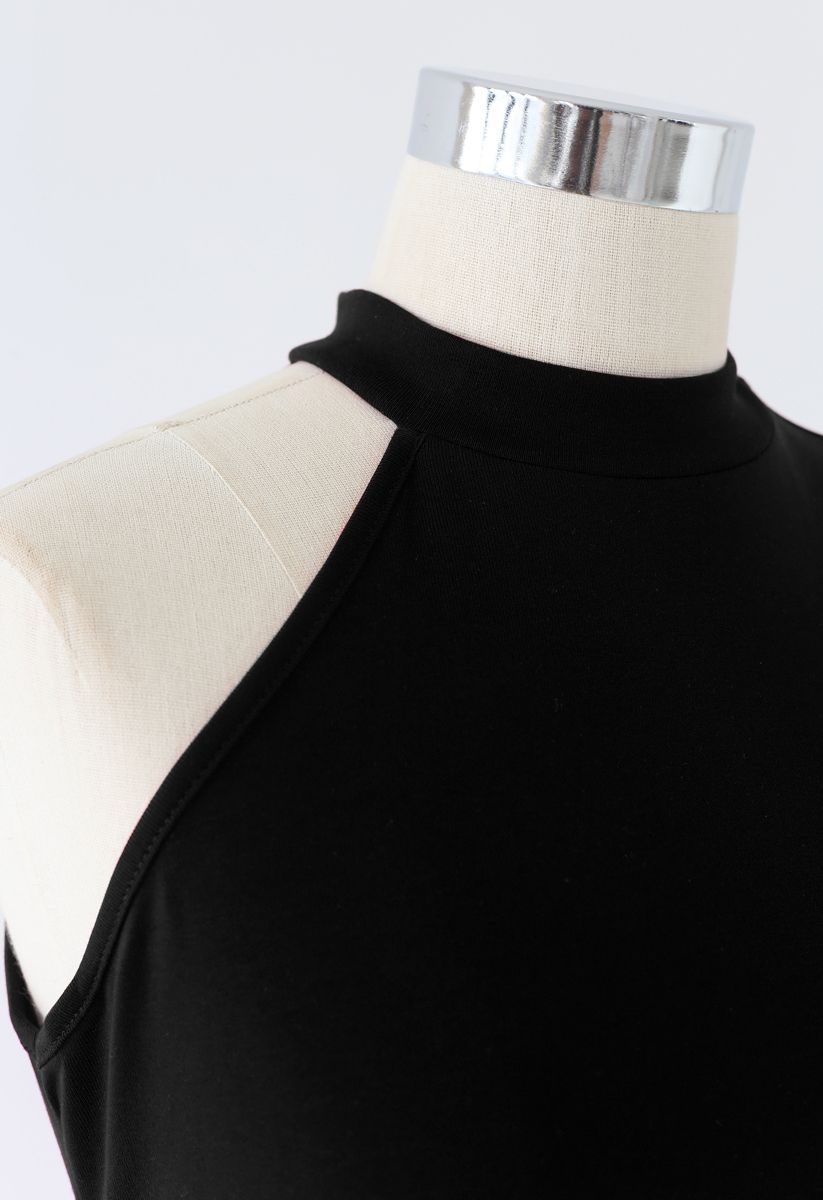 One Shoulder Fitted Cotton Halter Tank Top in Black