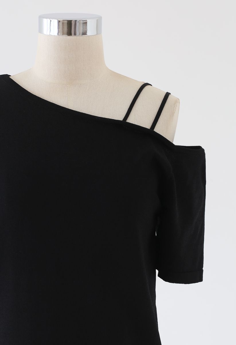 Cold-Shoulder Short-Sleeve Knit Top in Black