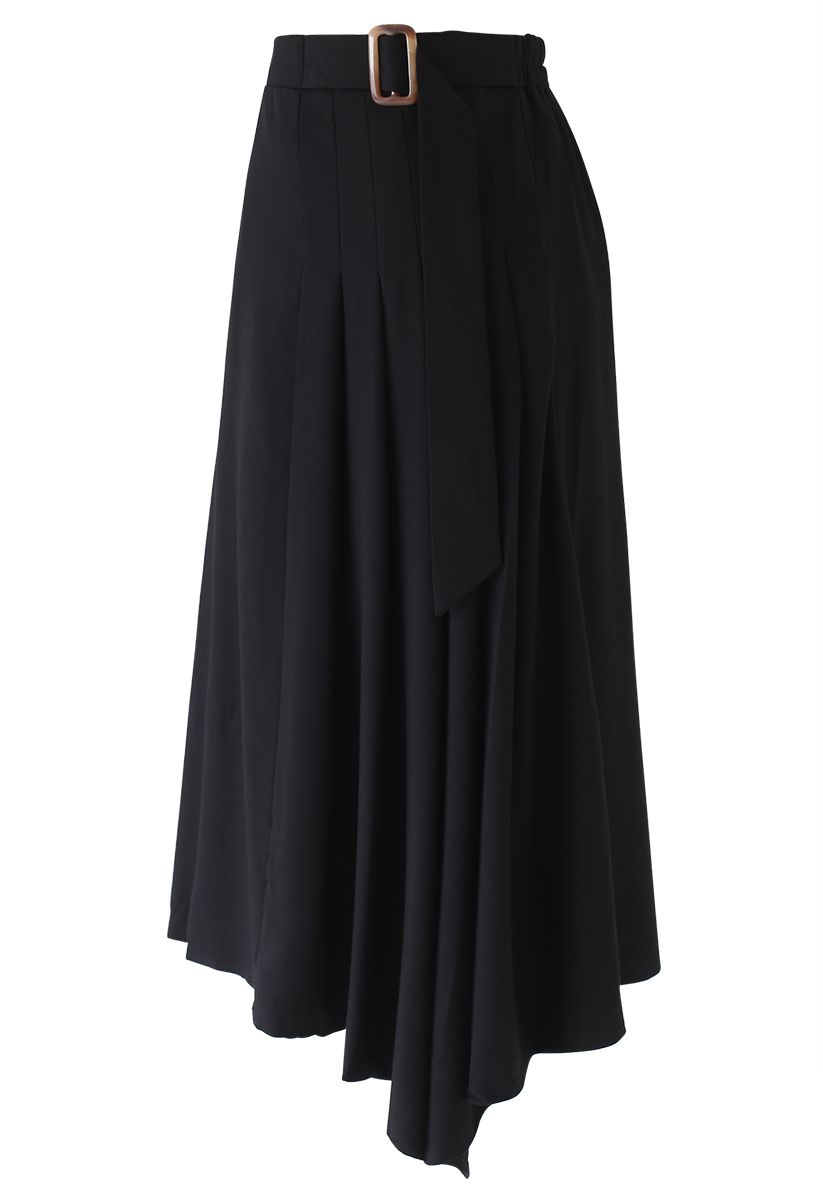 Pleated Details Belted Midi Skirt in Black