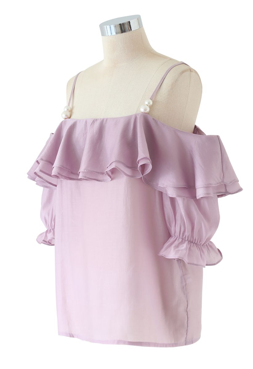 Tiered Ruffle Pearl Trim Cold-Shoulder Top in Lilac