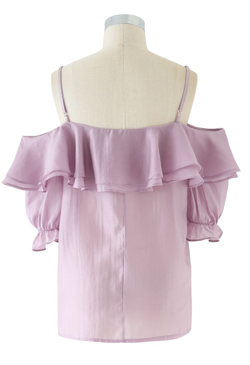 Tiered Ruffle Pearl Trim Cold-Shoulder Top in Lilac
