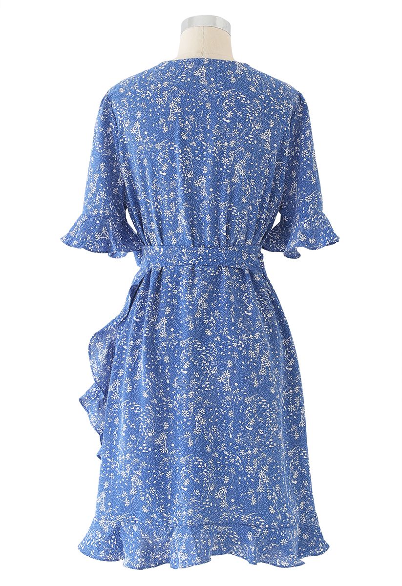 Ditsy Floral Bell Cuffs Wrap Midi Dress in Blue