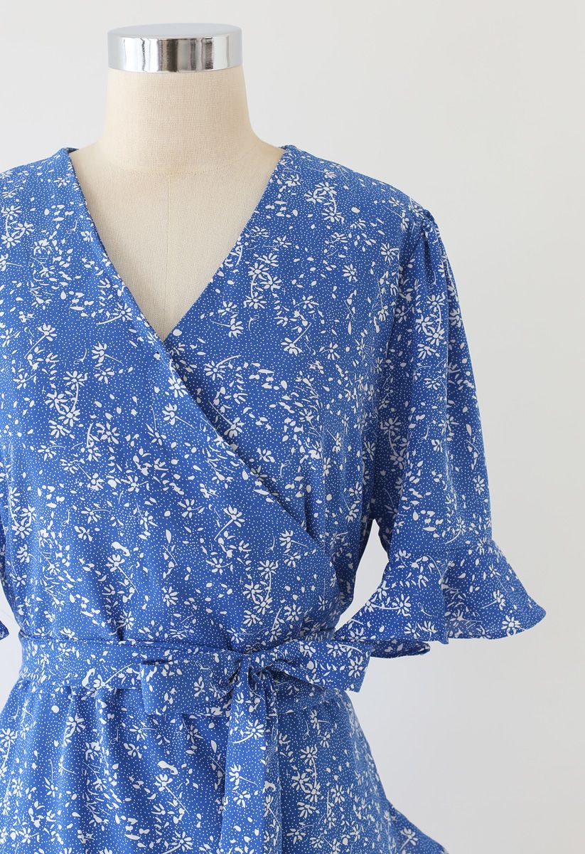Ditsy Floral Bell Cuffs Wrap Midi Dress in Blue