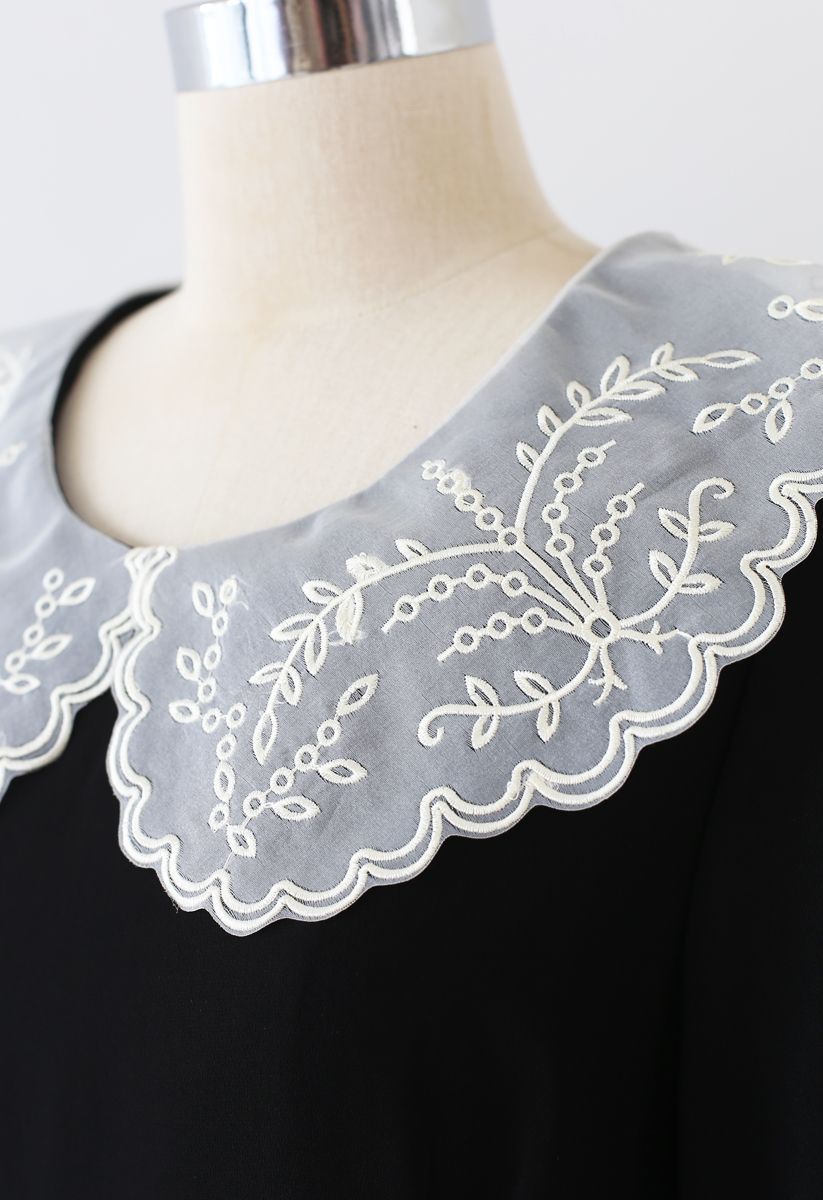 Embroidered Peter Pan Collar Black Chiffon Dress
