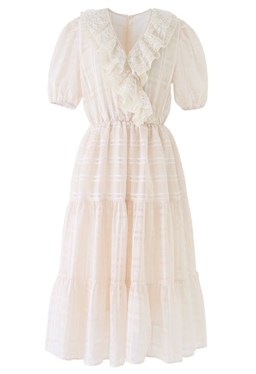 Lace Trim Plaid Organza Dress in Cream