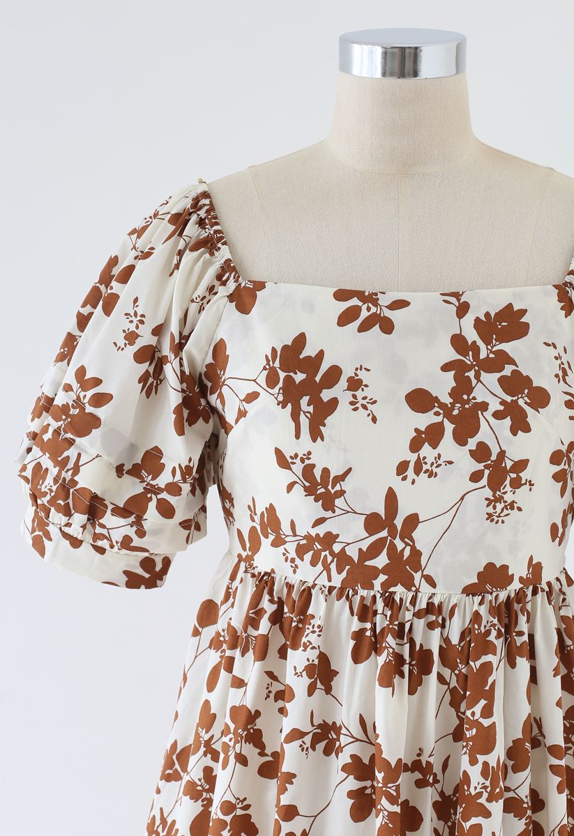 Foliage Print Open Back Midi Dress in Caramel