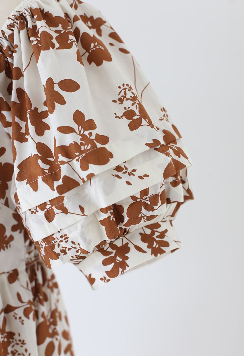 Foliage Print Open Back Midi Dress in Caramel