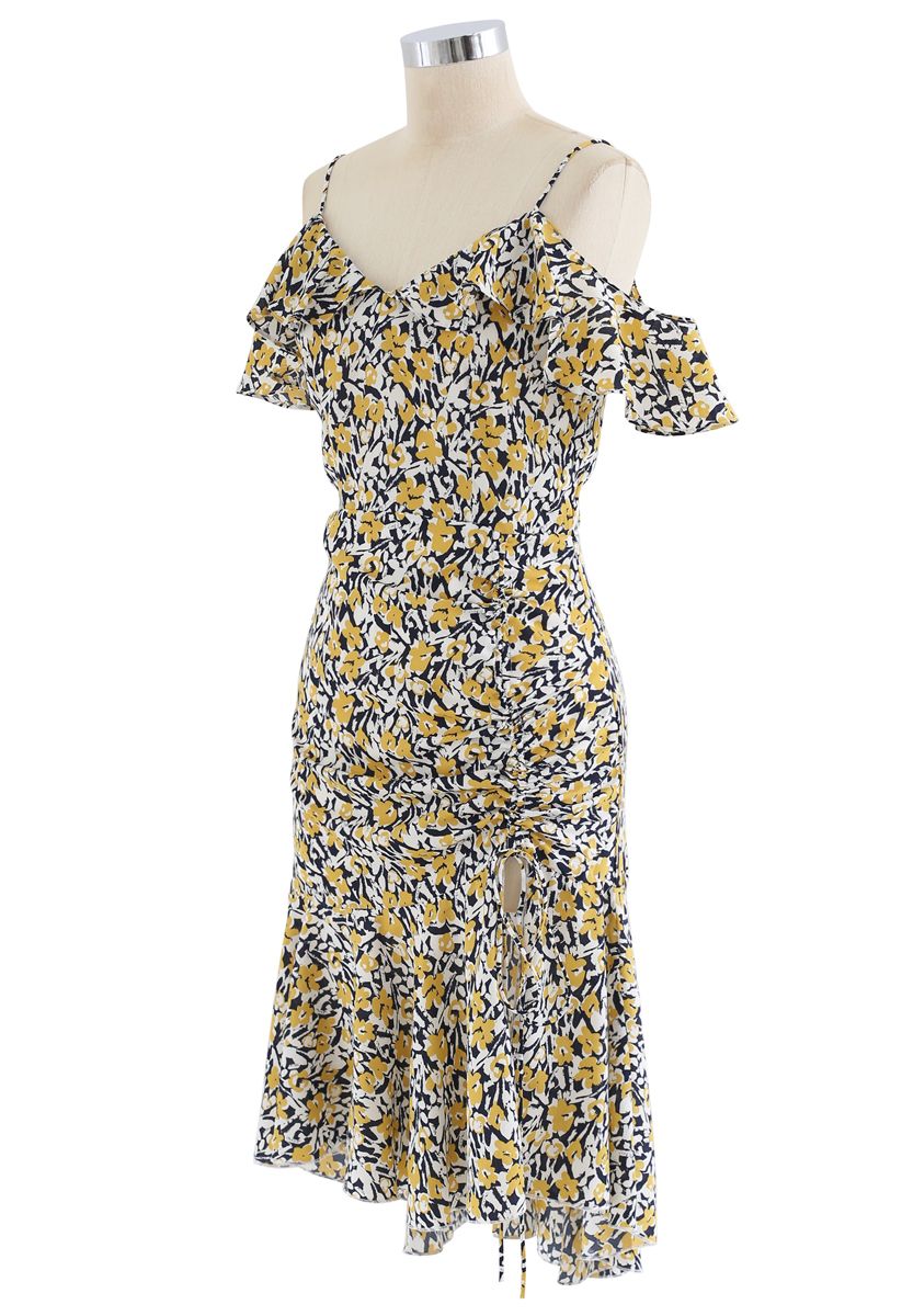 Cold-Shoulder Drawstring Yellow Posy Ruffle Dress