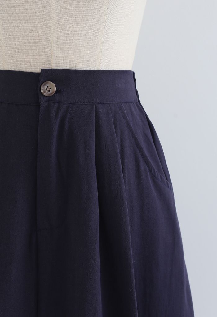 Slant Pockets A-Line Midi Skirt in Navy