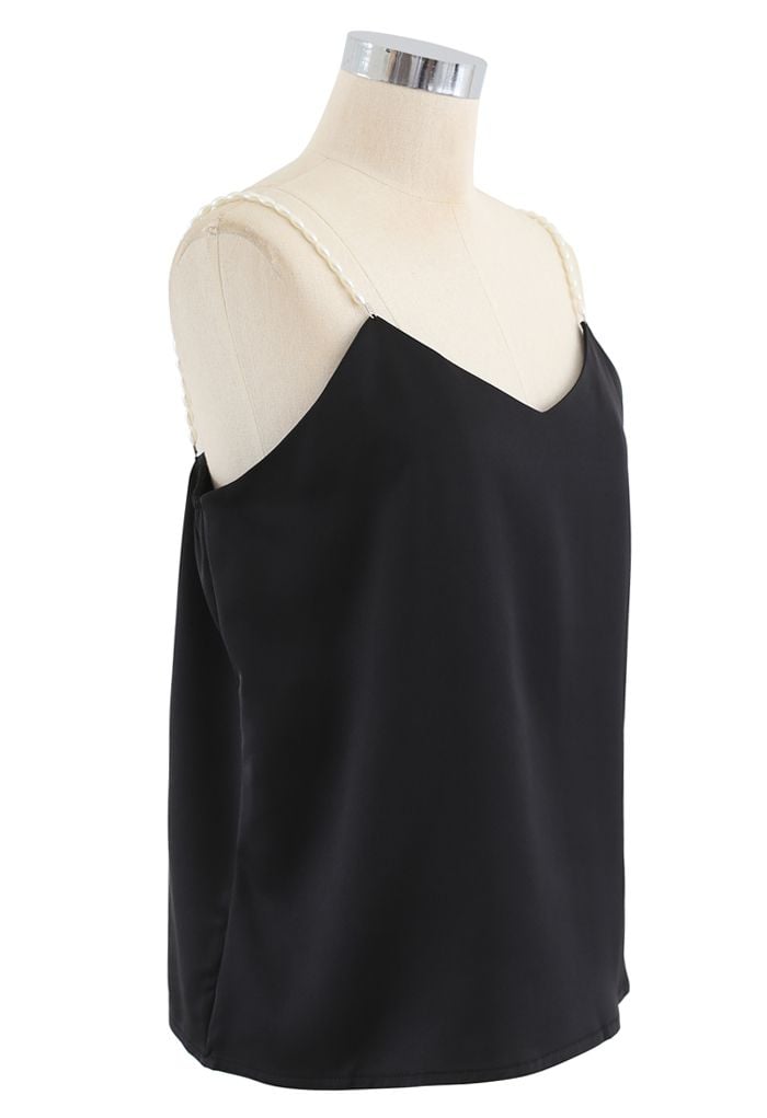 Pearl Straps Satin Cami Tank Top in Black