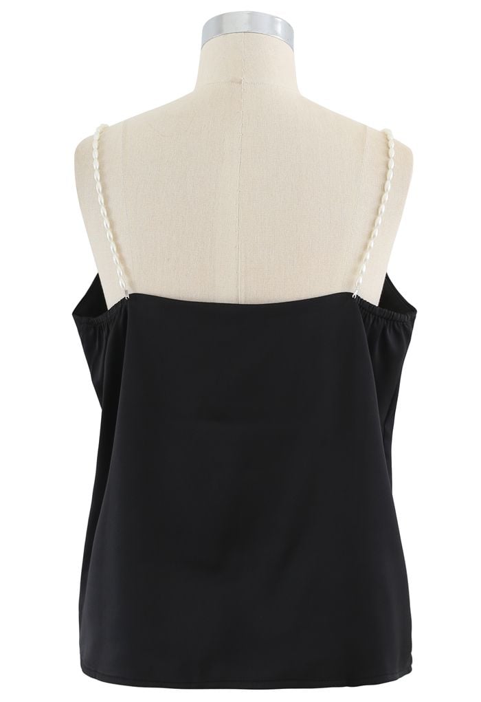 Pearl Straps Satin Cami Tank Top in Black