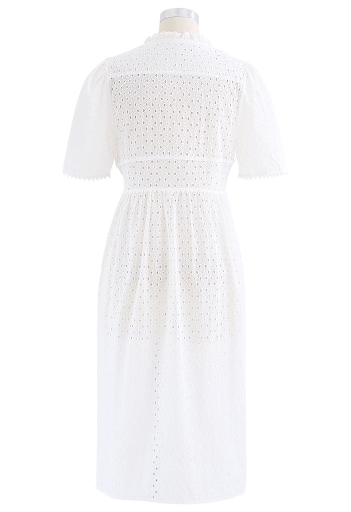 Ruffle Embroidered Button Down Eyelet Dress in White