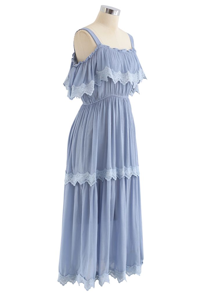 Crochet Trim Cold-Shoulder Dress in Dusty Blue